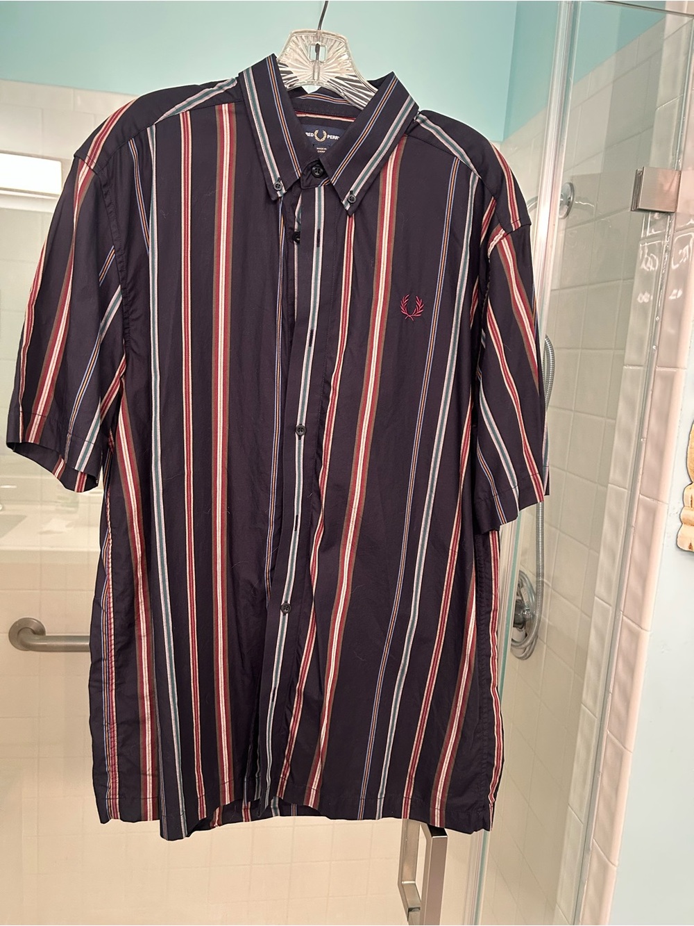 Fred Perry Navy Shirt with Red and White Stripes - Short Sleeve Button-Down